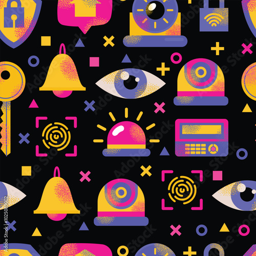 Colorful security system seamless pattern with lock, key, fingerprint, camera, and alarm symbols. Vector flat illustration isolated on background. Home security and surveillance concept for design 