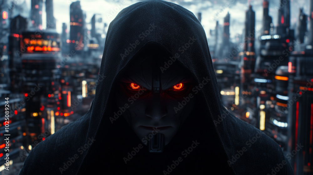 Futuristic hooded figure with glowing red eyes in a cyberpunk cityscape at night Futuristic hooded figure with glowing red eyes in a cyberpunk cityscape at night