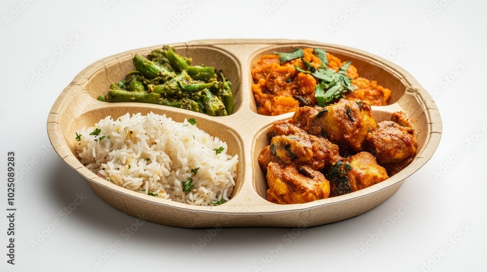 A plate of Indian food with chicken curry, rice, and vegetables. A plate of Indian food with chicken curry, rice, and vegetables.