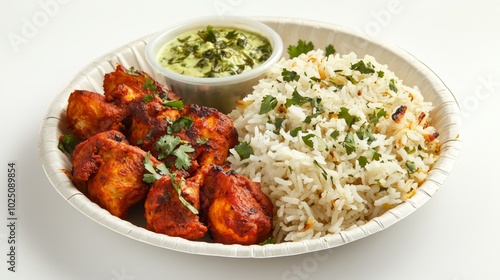 A plate of Indian food with grilled chicken, white rice, and a green chutney.