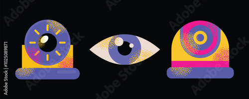 Colorful security system icons including lock, key, fingerprint, camera, and alarm symbols. Vector flat illustration isolated on background. Home security and surveillance concept for design 