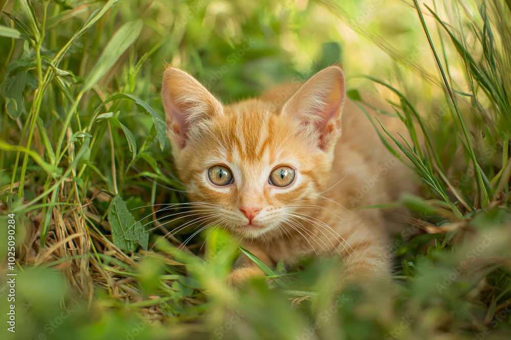 Small cat lying in the grass in summer. Small cat lying in the grass in summer.
