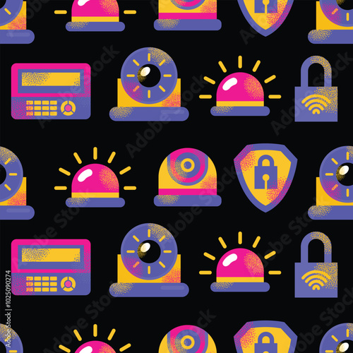 Colorful security system seamless pattern with lock, key, fingerprint, camera, and alarm symbols. Vector flat illustration isolated on background. Home security and surveillance concept for design 
