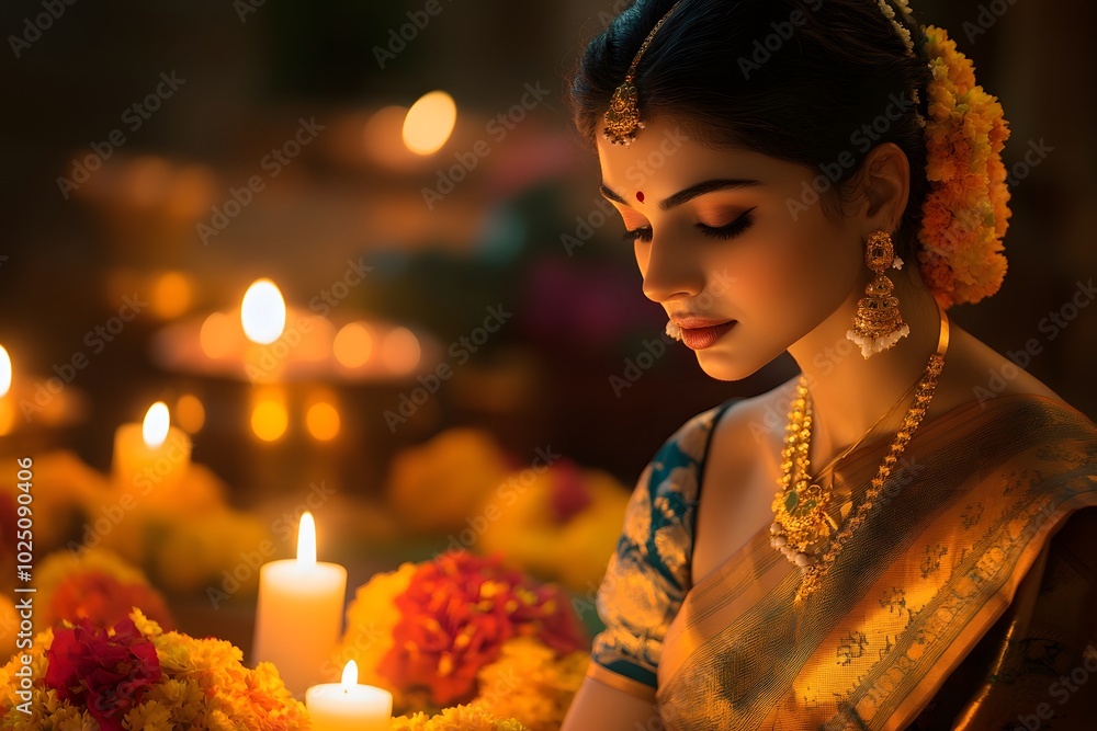 Elegant Woman in Golden Sari with Candlelight Glow Elegant Woman in Golden Sari with Candlelight Glow