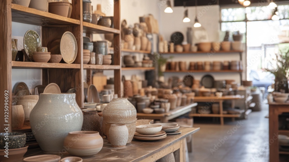 Rustic Pottery Shop with Shelves of Earthenware and Ceramic Goods Rustic Pottery Shop with Shelves of Earthenware and Ceramic Goods