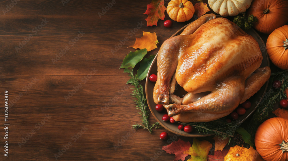 Fototapeta premium Thanksgiving turkey surrounded by autumn decorations on a wooden table