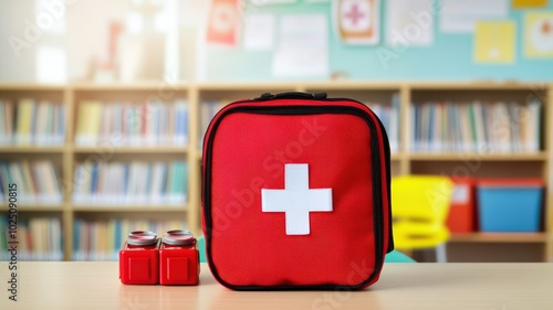 A first aid kit sits on a table in a school environment, highlighting safety and preparedness in educational spaces.