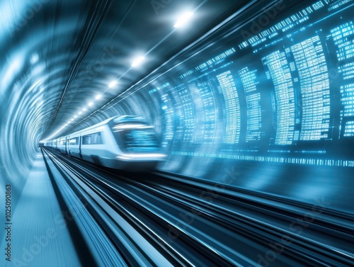 A high-speed train travels through a futuristic tunnel illuminated by neon lights, symbolizing modern transportation.