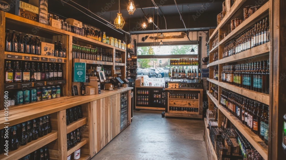 Fototapeta premium A well-stocked craft beer store with wooden shelves and a rustic ambiance.