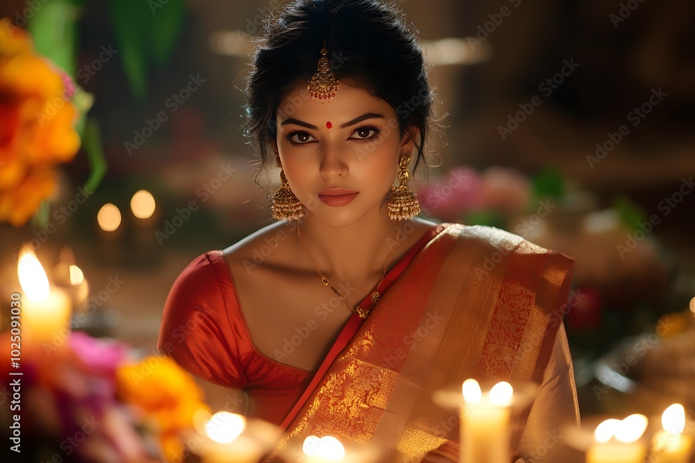 Elegant Woman in Red and Gold Sari with Candlelight Glow Elegant Woman in Red and Gold Sari with Candlelight Glow