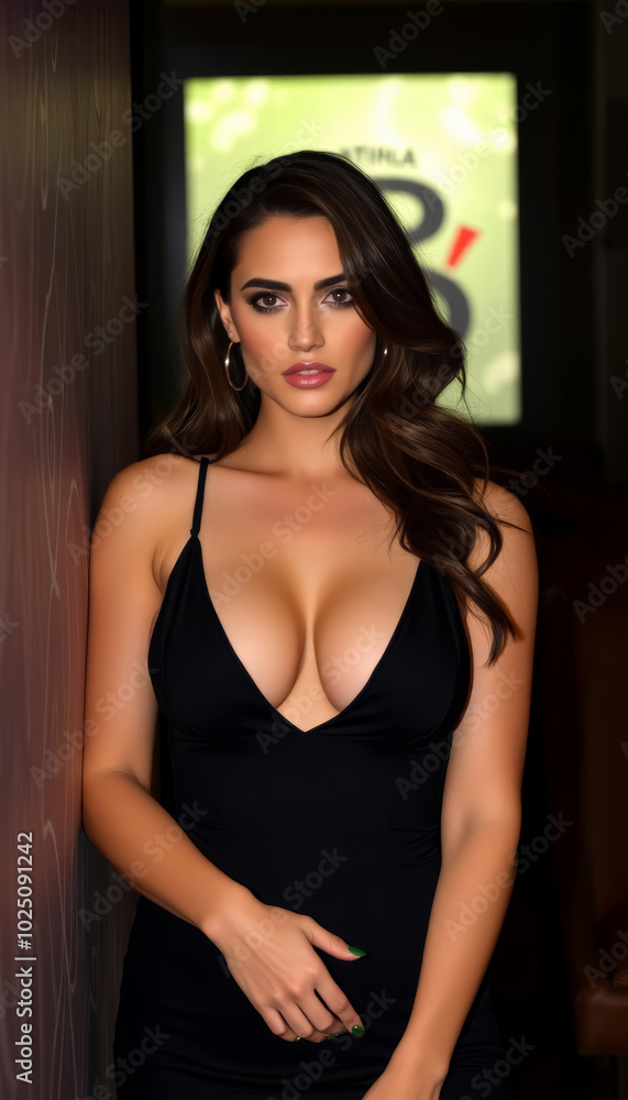 Beautiful sexy woman in a black low-cut dress that hugs her body, perfect body. Luxurious, seductive, gorgeous, attractive, charming and elegant. Beautiful sexy woman in a black low-cut dress that hugs her body, perfect body. Luxurious, seductive, gorgeous, attractive, charming and elegant.