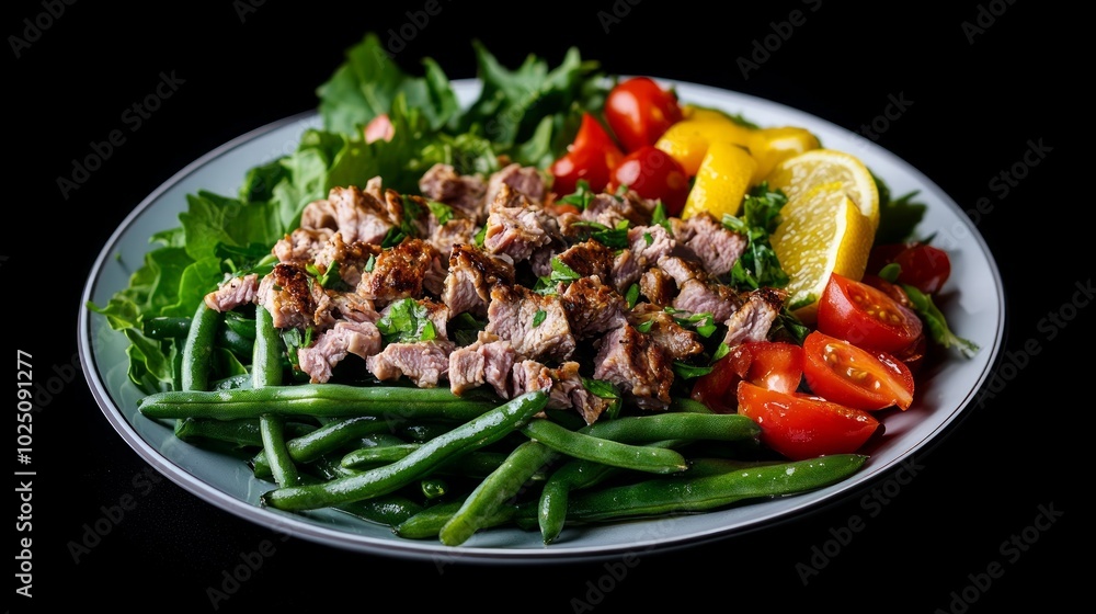A plate of salad with grilled chicken, green beans, cherry tomatoes and lemon wedges. A plate of salad with grilled chicken, green beans, cherry tomatoes and lemon wedges.