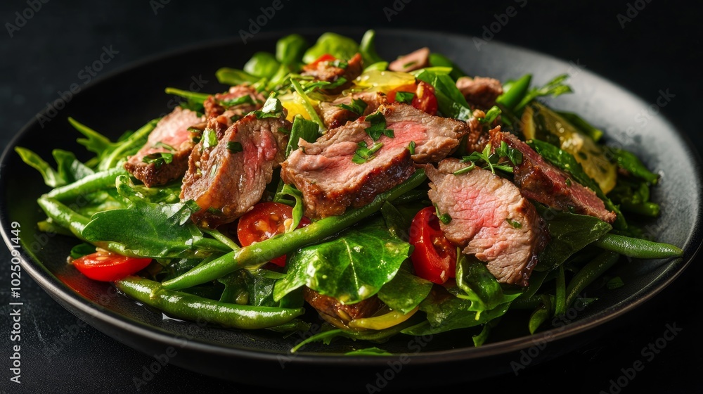 A plate of salad with grilled steak, cherry tomatoes, green beans, and spinach. A plate of salad with grilled steak, cherry tomatoes, green beans, and spinach.