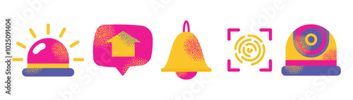 Colorful security system icons including lock, key, fingerprint, camera, and alarm symbols. Vector flat illustration isolated on background. Home security and surveillance concept for design 