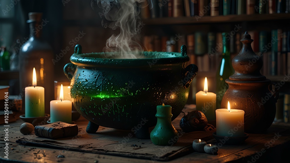 Dark Room with Bubbling Cauldron and Spell Books on a Wooden Table Dark Room with Bubbling Cauldron and Spell Books on a Wooden Table