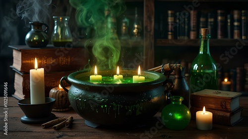 Dark Room with Bubbling Cauldron and Spell Books on a Wooden Table photo