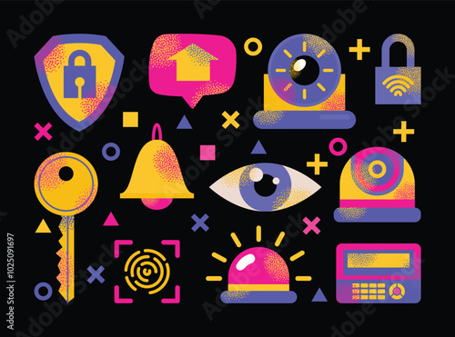 Colorful security system icons including lock, key, fingerprint, camera, and alarm symbols. Vector flat illustration isolated on background. Home security and surveillance concept for design 
