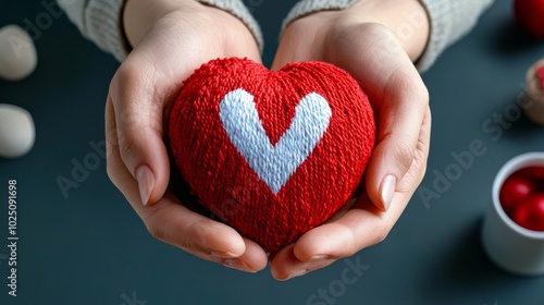 Hand Holding Knitted Heart on Dark Background