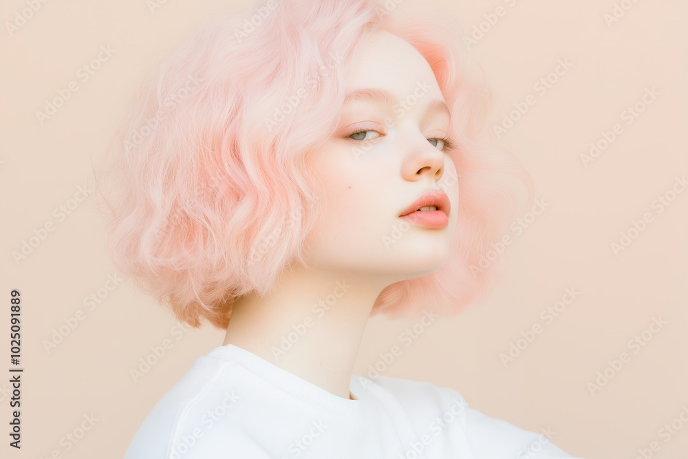 young woman with modern pastel pink bob haircut young woman with modern pastel pink bob haircut