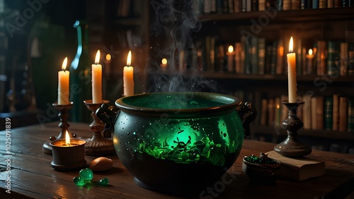 Dark Room with Bubbling Cauldron and Spell Books on a Wooden Table photo