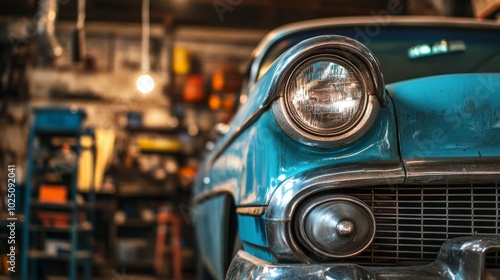 Close-up of a Blue Classic Car Headlight and Grille