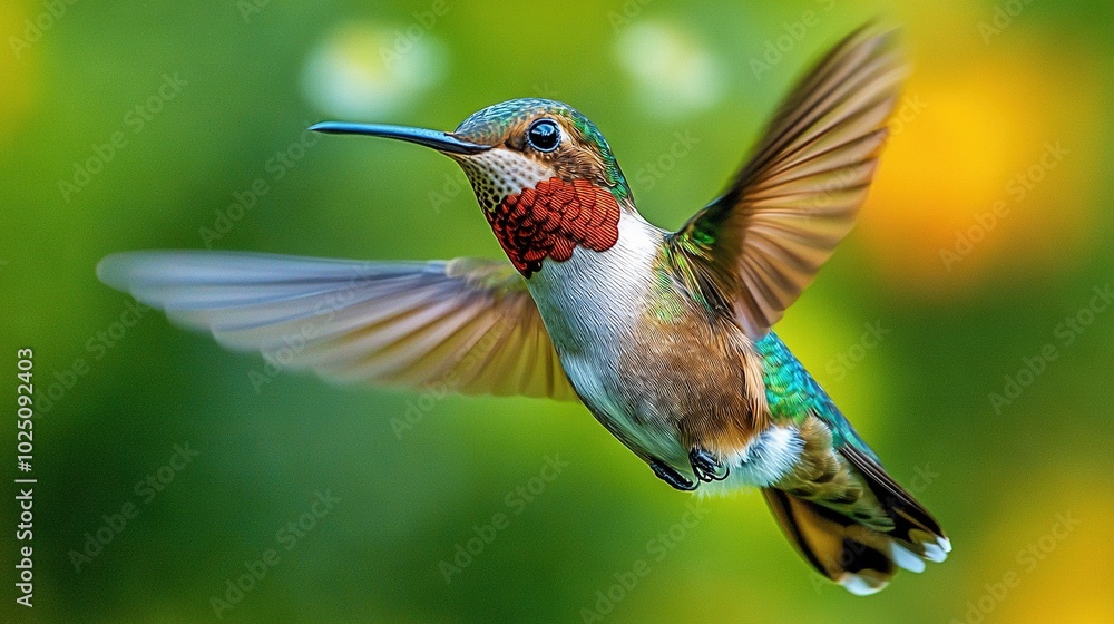 Fototapeta premium Hummingbird soaring in mid-air, wings fully extended, head angled to the side