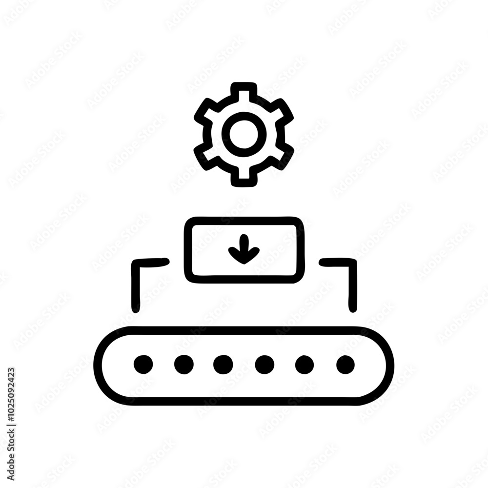 Automated system icon with conveyor belt and gear in line art style Automated system icon with conveyor belt and gear in line art style