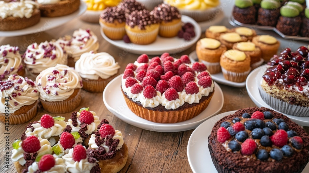 Assortment of Cakes and Cupcakes with Berries, Chocolate and Whipped Cream Assortment of Cakes and Cupcakes with Berries, Chocolate and Whipped Cream