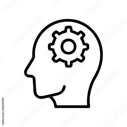 Cognitive processing icon with human head and gear in line art style