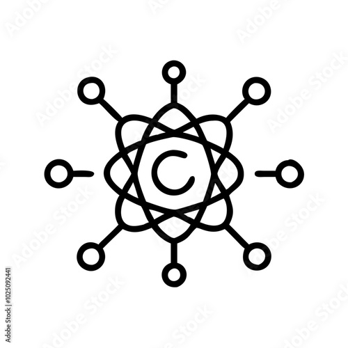 Quantum computing atom icon with circuit connections in line art style