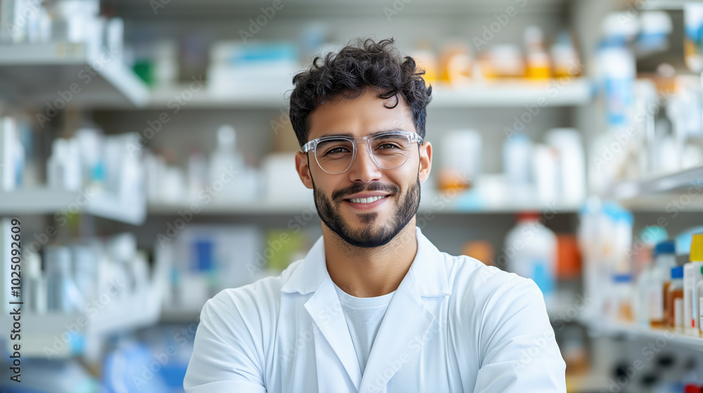 Fototapeta premium Confident pharmacist smiling in a modern pharmacy