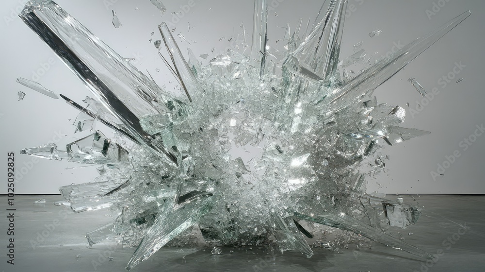 Exploded glass suspended in mid-air, with large shards and fine fragments frozen as they radiate out from a central point Exploded glass suspended in mid-air, with large shards and fine fragments frozen as they radiate out from a central point