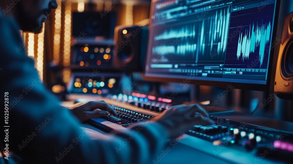 Professional audio engineer working in dimly lit recording studio, hands on mixing console, digital waveforms visible on computer screens, creating music. Professional audio engineer working in dimly lit recording studio, hands on mixing console, digital waveforms visible on computer screens, creating music.