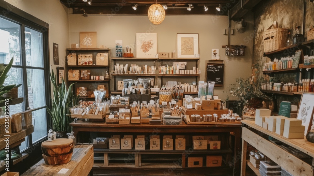 Rustic Art Supply Shop Interior with Wooden Shelves and Counter Rustic Art Supply Shop Interior with Wooden Shelves and Counter