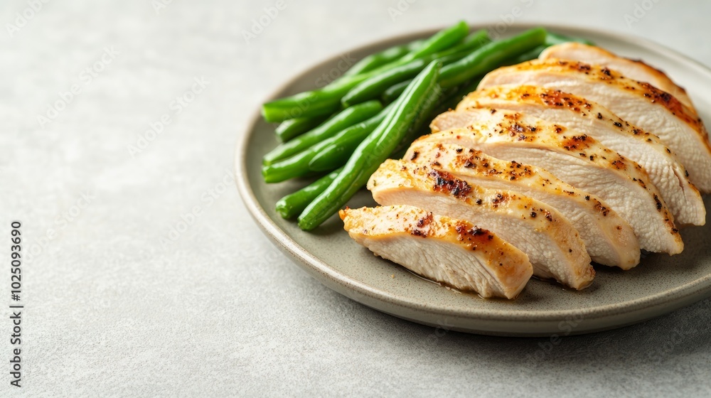 A plate of sliced grilled chicken breast and green beans on a gray surface.