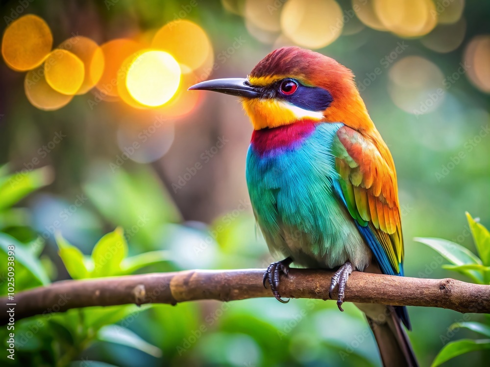 Obraz premium Colorful Buggie Bird perched on a branch in a lush green environment, showcasing its vibrant feathers
