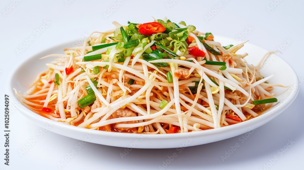 A plate of stir-fried bean sprouts with pork and green onions, a classic Asian dish, served on a white plate against a white background. A plate of stir-fried bean sprouts with pork and green onions, a classic Asian dish, served on a white plate against a white background.