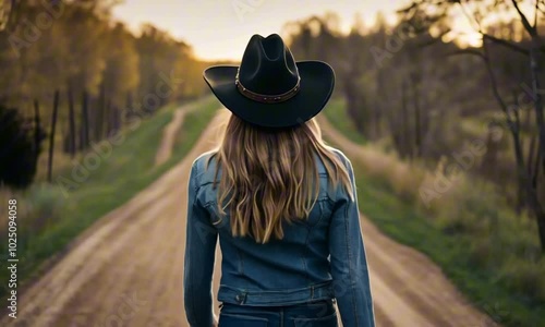 beautiful young woman in a cowboy hat and jeans walking on a country road