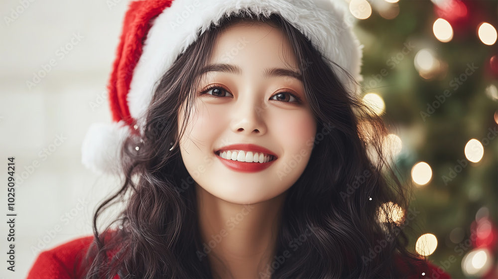 Happy Korean Woman in Red Santa Hat Smiling and Celebrating Christmas, Joyful Winter Christmas Mood. Happy Korean Woman in Red Santa Hat Smiling and Celebrating Christmas, Joyful Winter Christmas Mood.