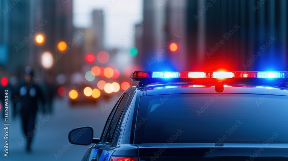 A police car with flashing lights on a city street during twilight, showcasing urban law enforcement and public safety themes. A police car with flashing lights on a city street during twilight, showcasing urban law enforcement and public safety themes.
