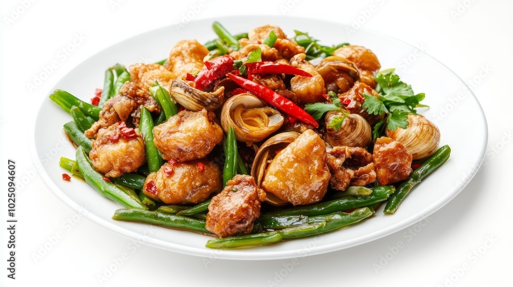 A plate of stir-fried tofu with green beans, chili peppers, and garlic. A plate of stir-fried tofu with green beans, chili peppers, and garlic.