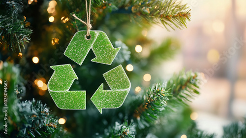 Winter Recycle Sign on Christmas Tree, Zero Waste Symbol, Eco-Friendly Christmas, Concept for Environmental Awareness on Holiday, Recycle Christmas Tree. 