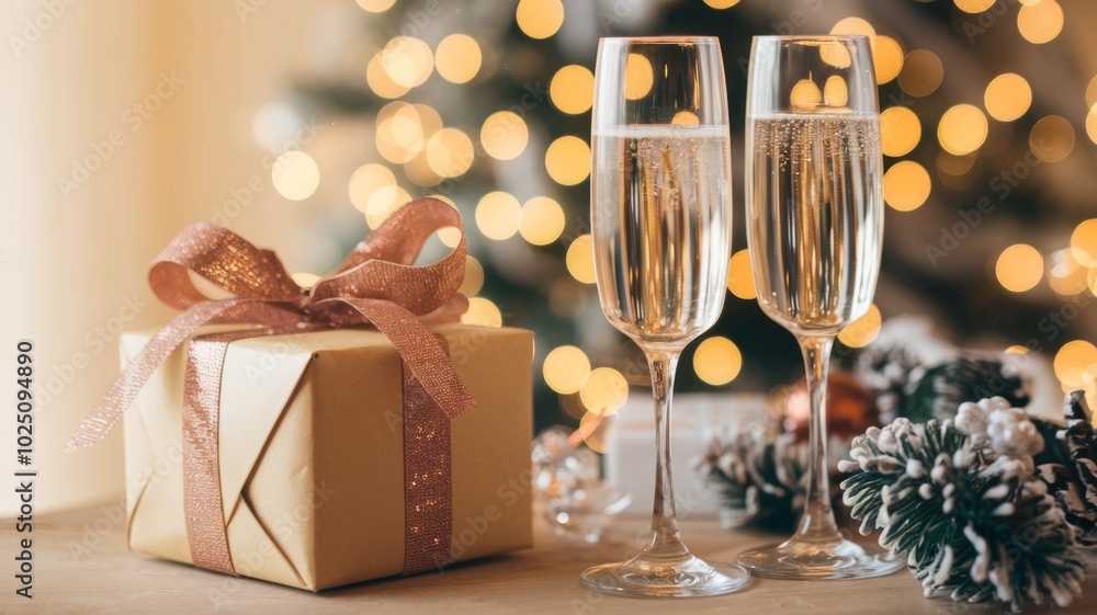 Two glasses of champagne, against a background of twinkling lights and Christmas decorations, a gift box next to it on the table. Two glasses of champagne, against a background of twinkling lights and Christmas decorations, a gift box next to it on the table.