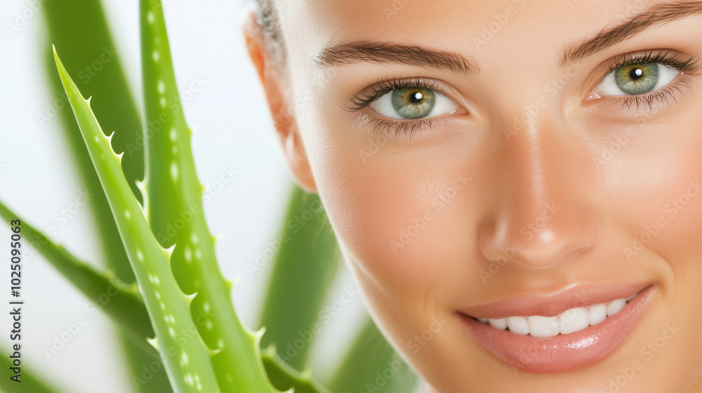 Woman with Aloe Vera Green Fresh Leaf, Cosmetic Treatment, Ingredient, Healthy Skin Care Treatment, Natural Spa Rituals. Woman with Aloe Vera Green Fresh Leaf, Cosmetic Treatment, Ingredient, Healthy Skin Care Treatment, Natural Spa Rituals.