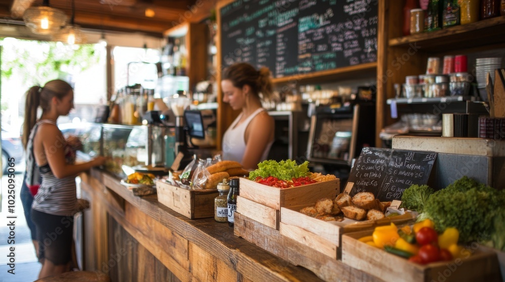 Fototapeta premium Countertop Display of Fresh Produce, Baked Goods, and Condiments in a Rustic Cafe