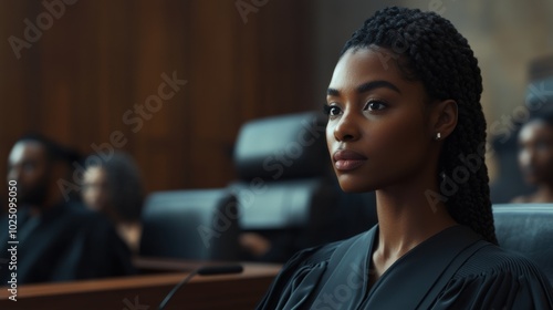 A Black female judge with braids, wearing a robe and presiding over a trial in a modern courtroom. photo