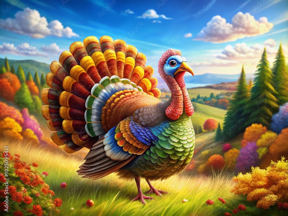 Obraz premium Colorful Cartoon Turkey Bird with Vibrant Feathers and Cheerful Expression for Thanksgiving Celebrations