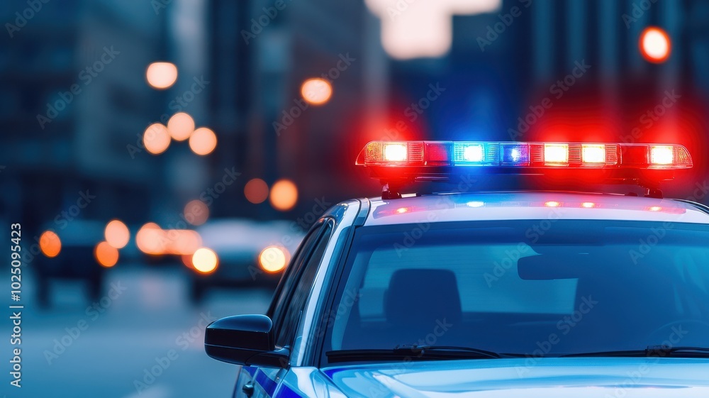 A close-up of a police car with flashing lights in a city setting during dusk, reflecting the urgency of law enforcement. A close-up of a police car with flashing lights in a city setting during dusk, reflecting the urgency of law enforcement.