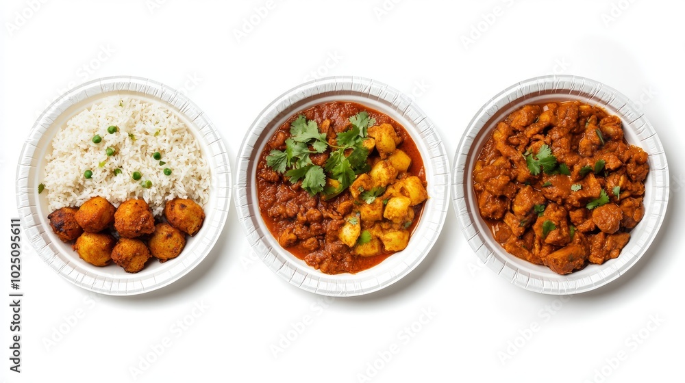 A plate of white rice with fried balls, a plate of potato and chicken curry, and a plate of chicken curry. A plate of white rice with fried balls, a plate of potato and chicken curry, and a plate of chicken curry.