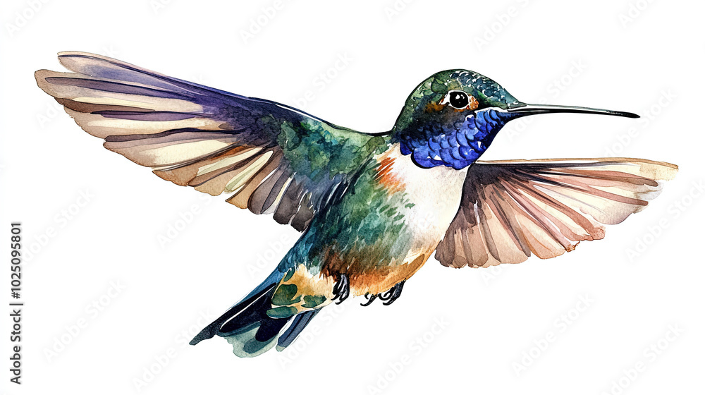 Fototapeta premium Hummingbird watercolor colorful birds illustration isolated white background. Summer clipart hand drawing tropical bird